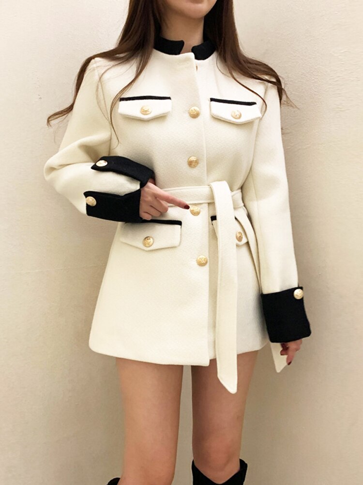 New style small fragrant wind tweed waistband celebrity thickened woolen overcoat woman